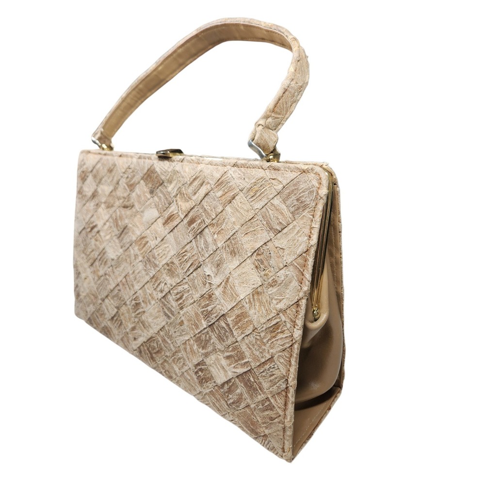 Vintage 60s Woven Basketweave Frame Top Handle Bag Tan Cottagecore MCM Heritage